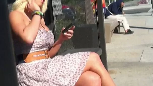 Sizzling hot and sassy amateur blonde bimbo on the bus stop