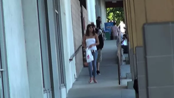 Hot brunette stranger girl in tight jeans spied and recorded on cam