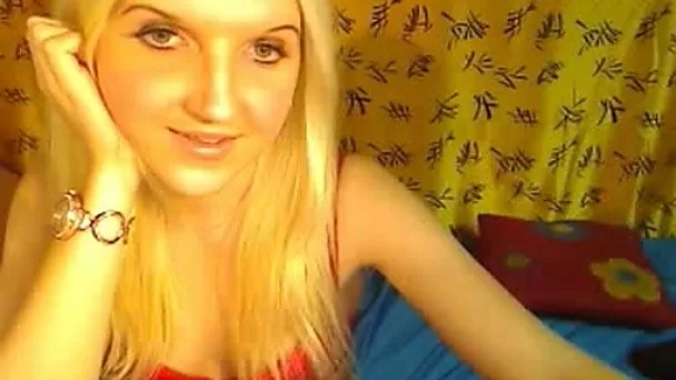 Skinny and cute blonde white chick chatting on webcam