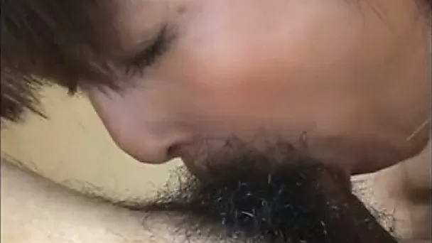 Cute and sweet amateur Asian housewife was blowing hairy cock