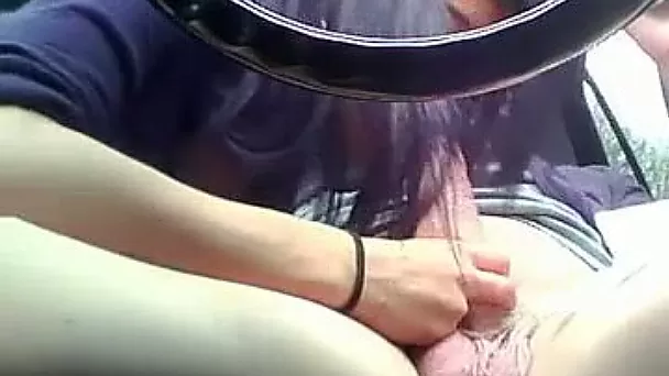 Busty milf brunette girlfriend greedily sucking cock in the car