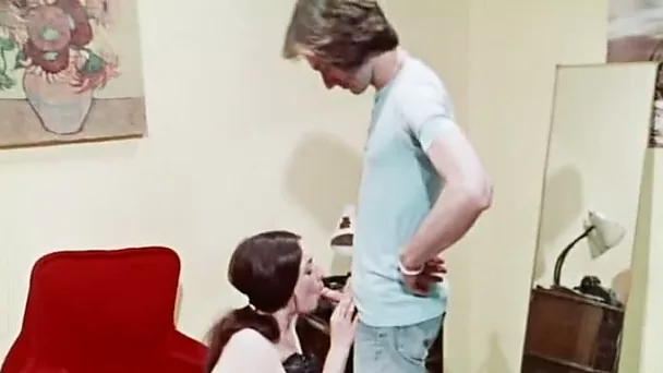 Classic brunette nerdy lady seduced and fucked on the couch