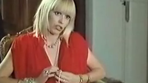 Marvelous European blonde babe in red dress licked and fucked on the bed