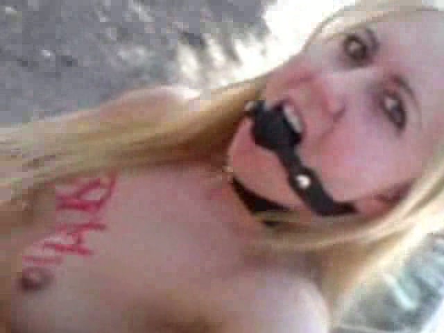 Wacky Blonde Whore With BDSM Fetish Stands Naked Outdoor Wearin