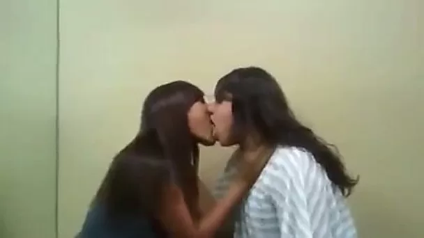 Chubby lesbian bitches French kissing passionately in front of camera
