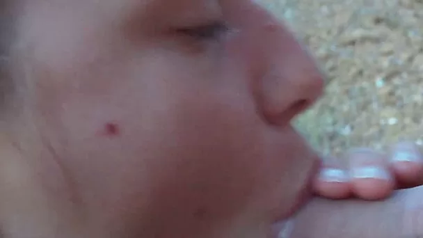 Sweet white cute girlfriend gives head outdoors and gets facial