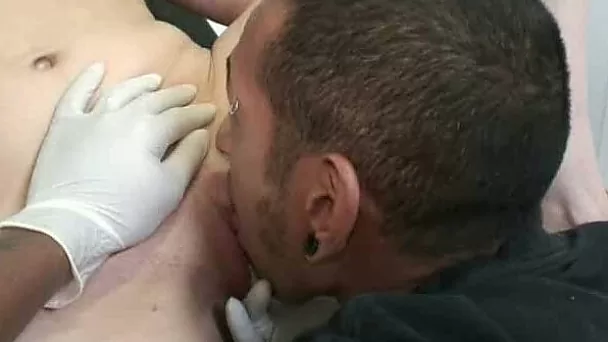 Lovely white cute Euro girl spreads her legs for piercing guy