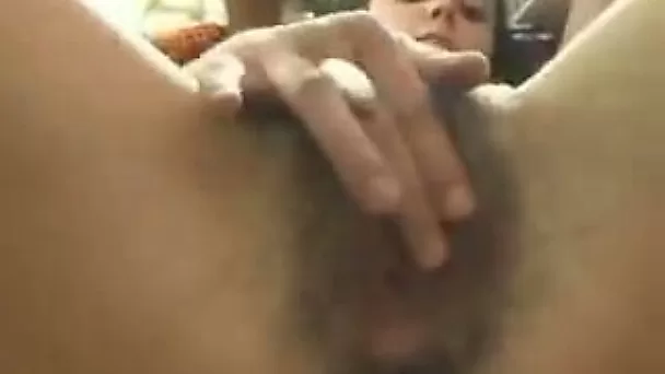 My tight dirty minded girlfriend masturbates her extremely hairy pussy