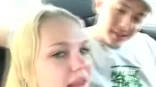 Lovely and cute blonde young chick in the car ready to suck dick