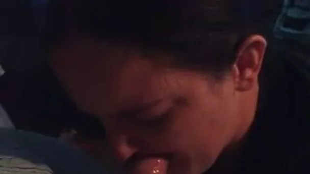 Dark haired wife in black T-shirt was greedily blowing fat cock