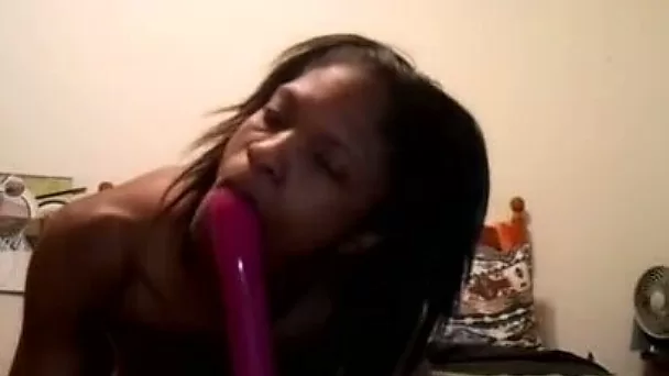 Small tittied hoe sucking big dildo in amateur video