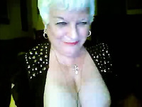 Short haired wrinkled blonde cougar was bragging of her big boobies