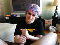 Purple haired girl in black T-shirt was jerking off and sucking fat cock