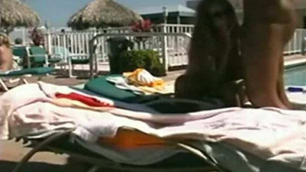 Lusty buxom auburn babe with sexy bum got fucked by the pool