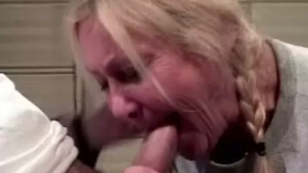 Happy old blonde bitch in the garage blows dick and receives cunnilingus