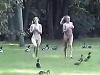 Two sexy and busty college chicks jogging outside naked