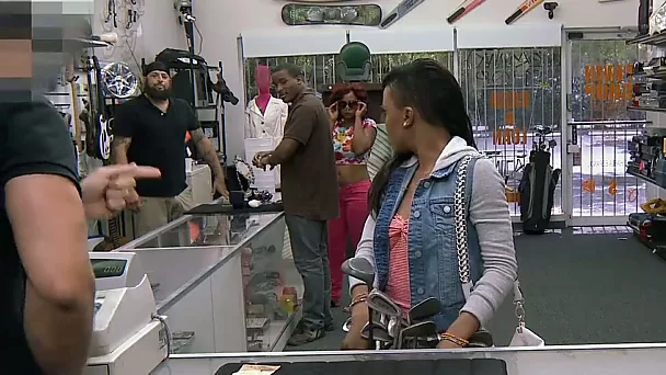 Shaved ebony sucks off and screwed by nasty pawn keeper