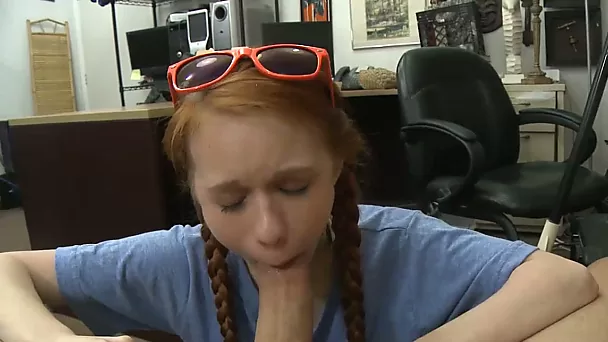 Skinny redhead babe gets twat screwed by pawnshop owner