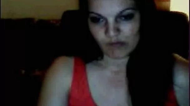 Ardent long haired brunette pale webcam slut in red lingerie exposed big tits