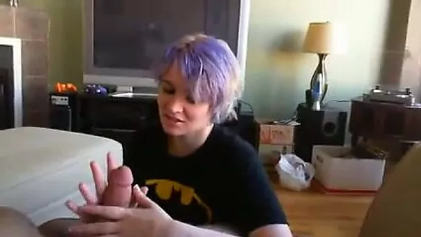 Purple haired cute hilarious gal teased me with quite a nice handjob