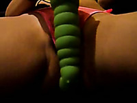 Rubbing my tight teeny pussy with huge green tool