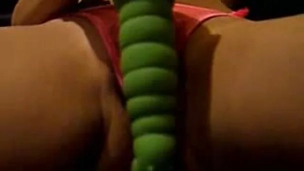 Rubbing my tight teeny pussy with huge green tool
