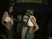 A bunch of hot white teen babes in white tees warm up the crowd