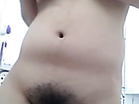 Chubby Asian girl playing with hairy vagina in amateur sex tape