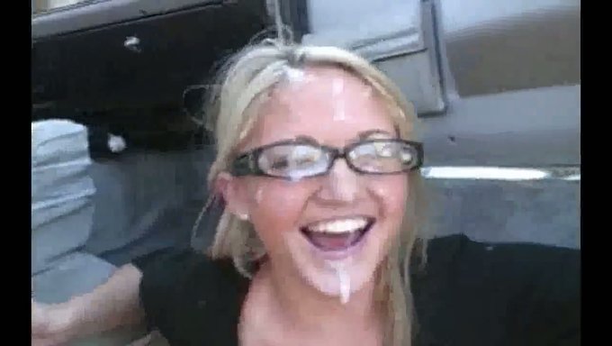blonde sucks cocks and gets cum on her face and glasses