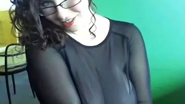 Curly wonderful MILF with sexy red lips was stripteasing and flashing tits
