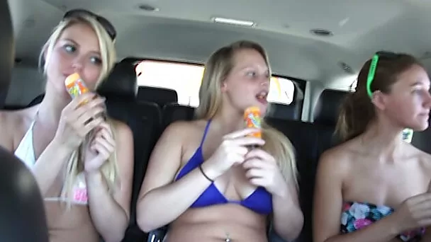 Fine and lascivious wild teen ladies in the bang bus try lesbian orgy