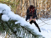 Russian redhead amateur beauty in the winter forest pisses