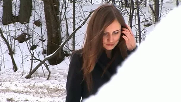Magnificent and elegant redhead Russian teen pulls down her jeans and pisses on the snow
