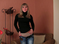 Fine hot blonde Russian teenie pulls down her blue tight jeans