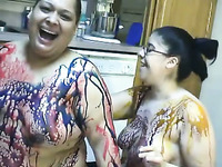 Couple of ugly BBW amateur sluts in gross body painting session