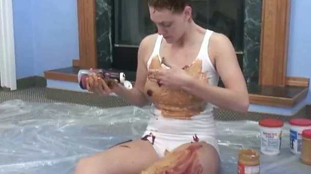 Nasty amateur brunette gets messy body painting wearing white undies