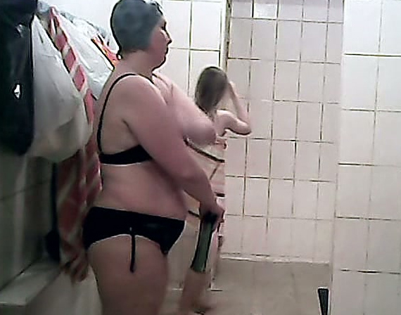 Fat and chunky white women in the public shower room washing hq nude image