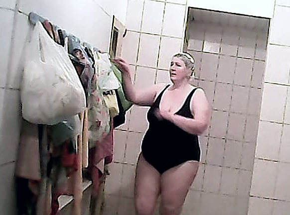 White ladies of all kinds drying up after washing in the public shower
