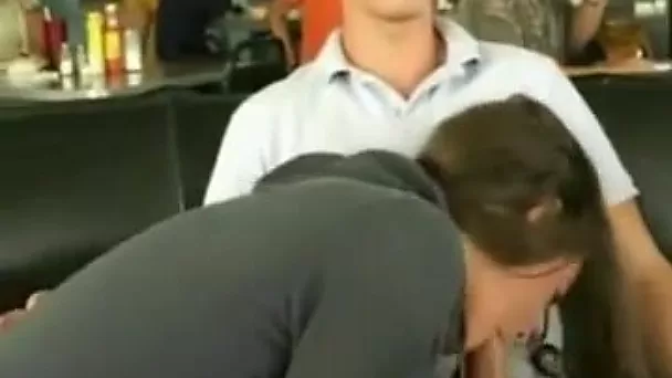 Shameless brunette chick in grey hoodie was sucking my buddy in cafe