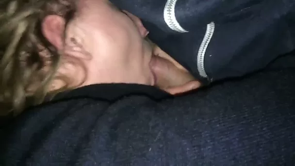 Blond haired harlot with a bit chubby face sucks strong cock