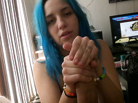 Blue haired playful and happy chick of mine wanked my strong dick