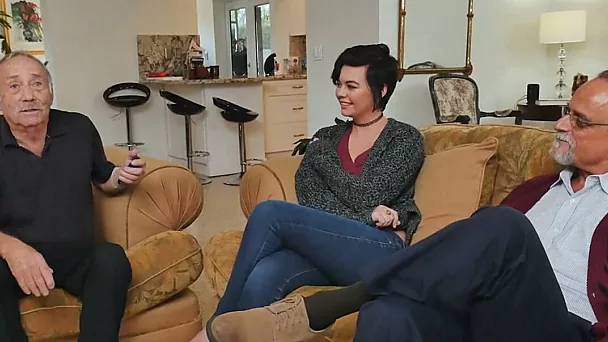 Performing oral sex on old men in front of the camera