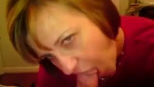 Short haired whorable housewife in red sweater sucks my own dick
