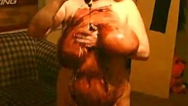 Wacky roommate with huge boobs is smearing chocolate all over her naked body