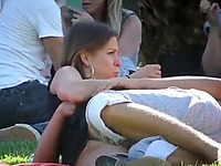 Just a horny and lovely brunette teen with her boyfriend in the park