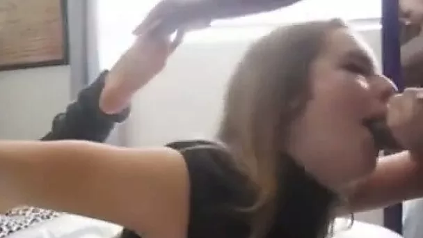 Fine and dirty auburn haired girlfriend eats black dick in front of her man