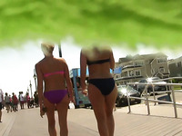 My friend made an upskirt spy cam video of bikini girls moving to the beach