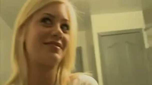 Two amateur blonde babes stand on knees giving my buddy a nice blowjob