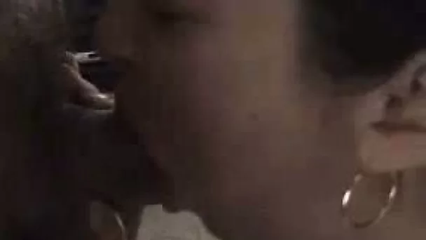 Tired looking brunette MILF gives my horny dick a steamy blowjob