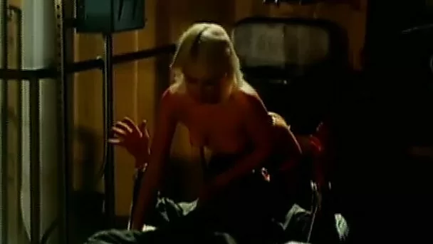 Lean blonde babe in black lingerie blowing cock in 69 style position